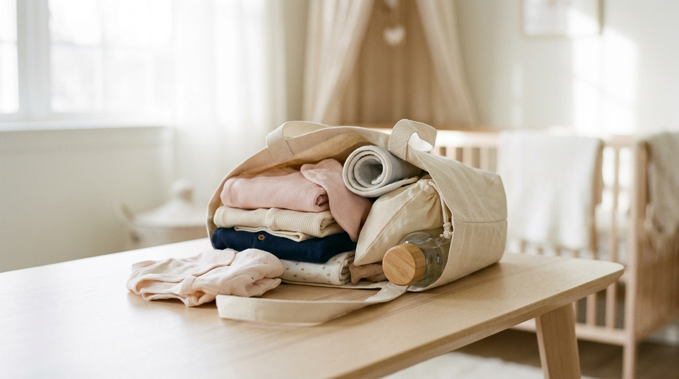 Bolsa de tela sobre una mesa de madera con ropa de bebé doblada, un babero y una muda de recambio lista para la guardería