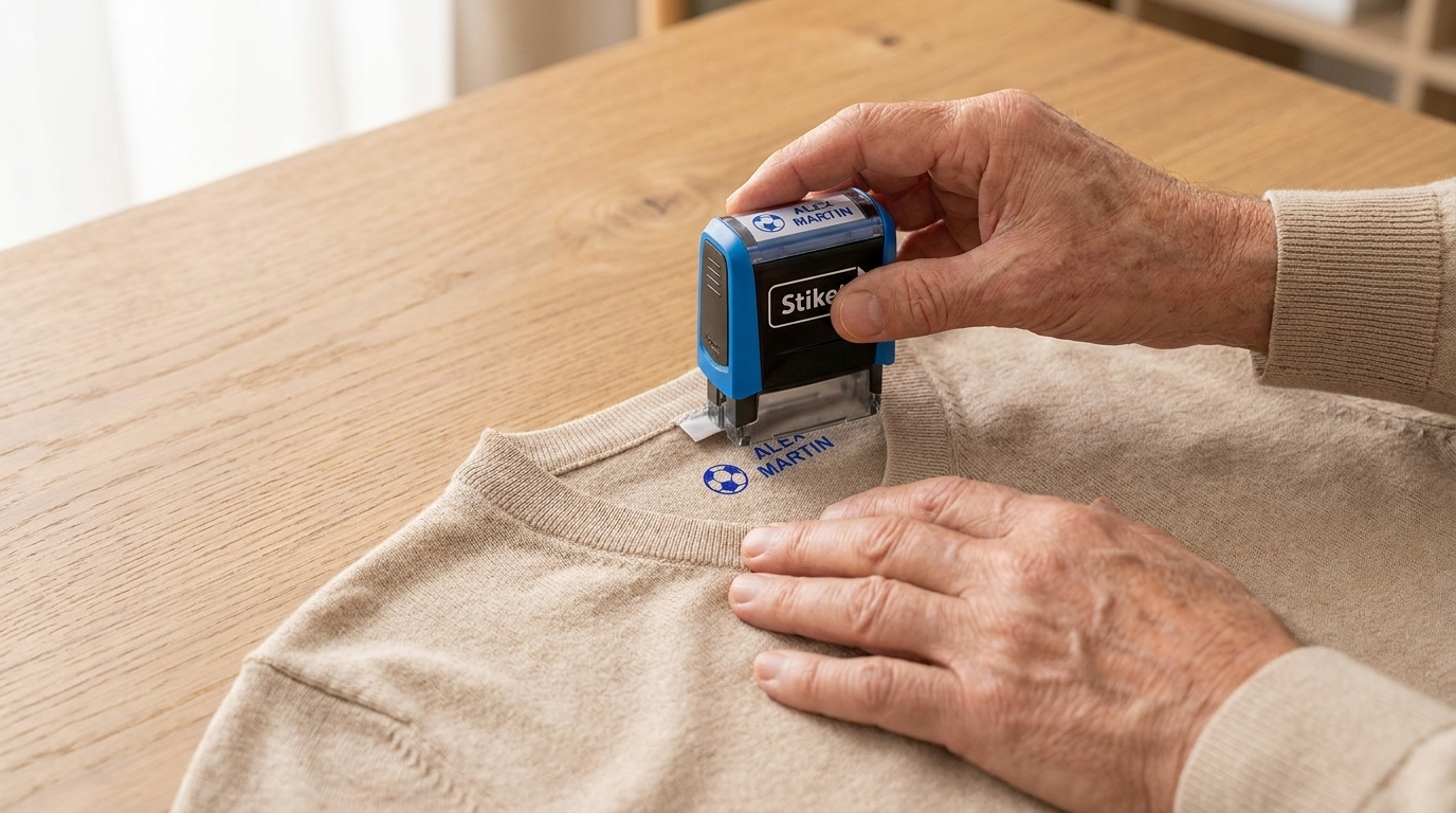 Sello de tinta textil de Stikets estampando el nombre directamente sobre la tela de una prenda de adulto