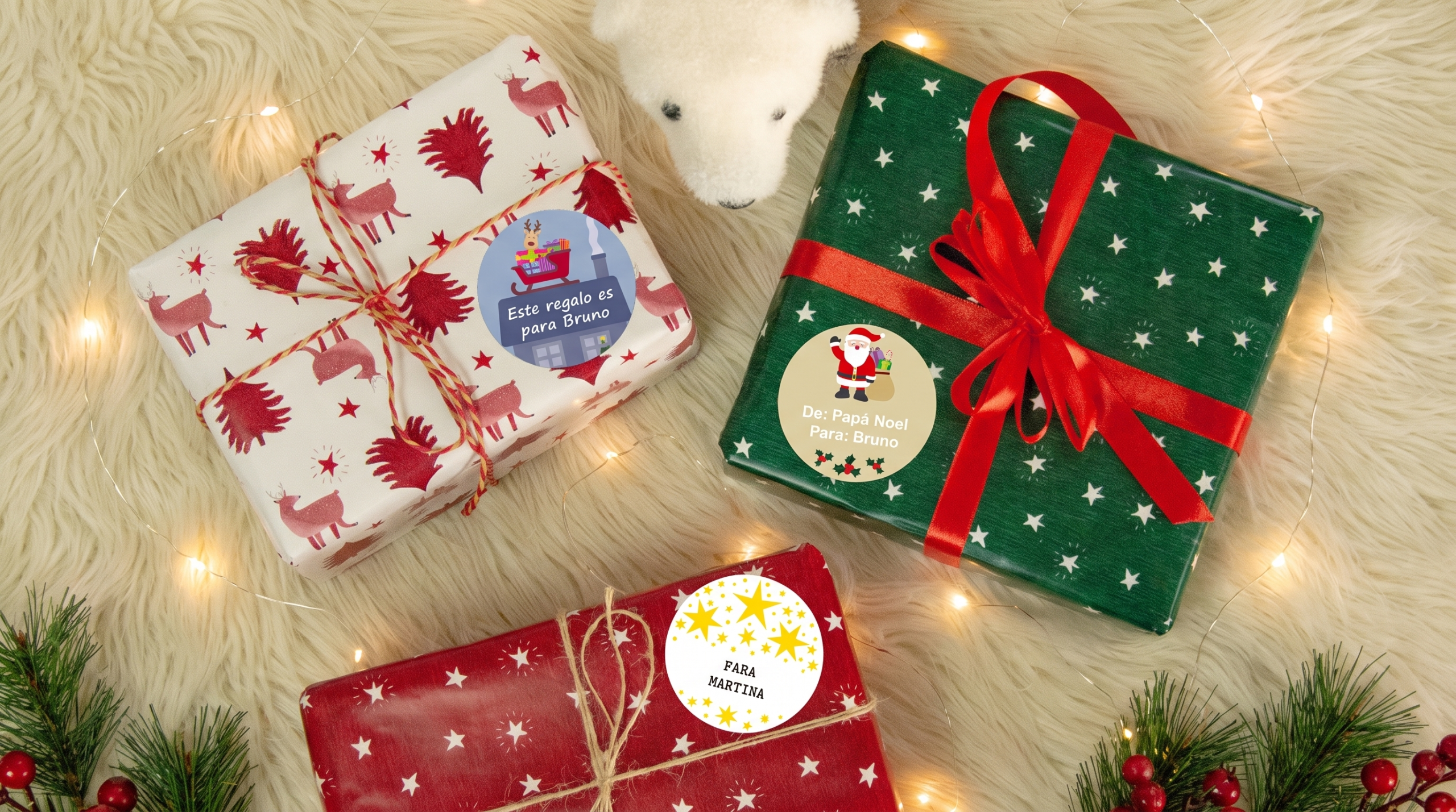 Regalos de Navidad envueltos con etiquetas personalizadas con el nombre del destinatario