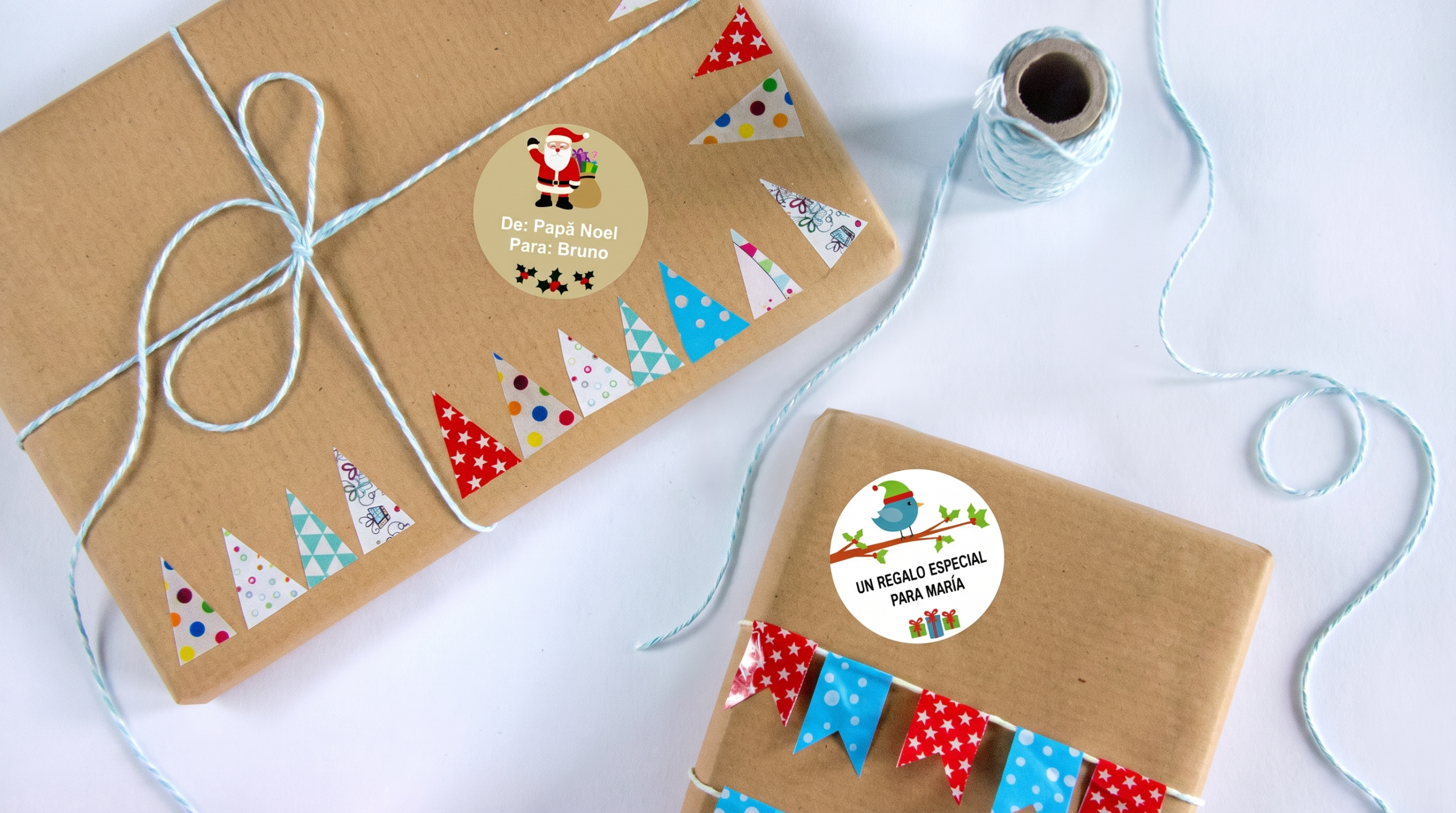 Detalle de etiquetas para regalos de Navidad con el nombre del destinatario escrito