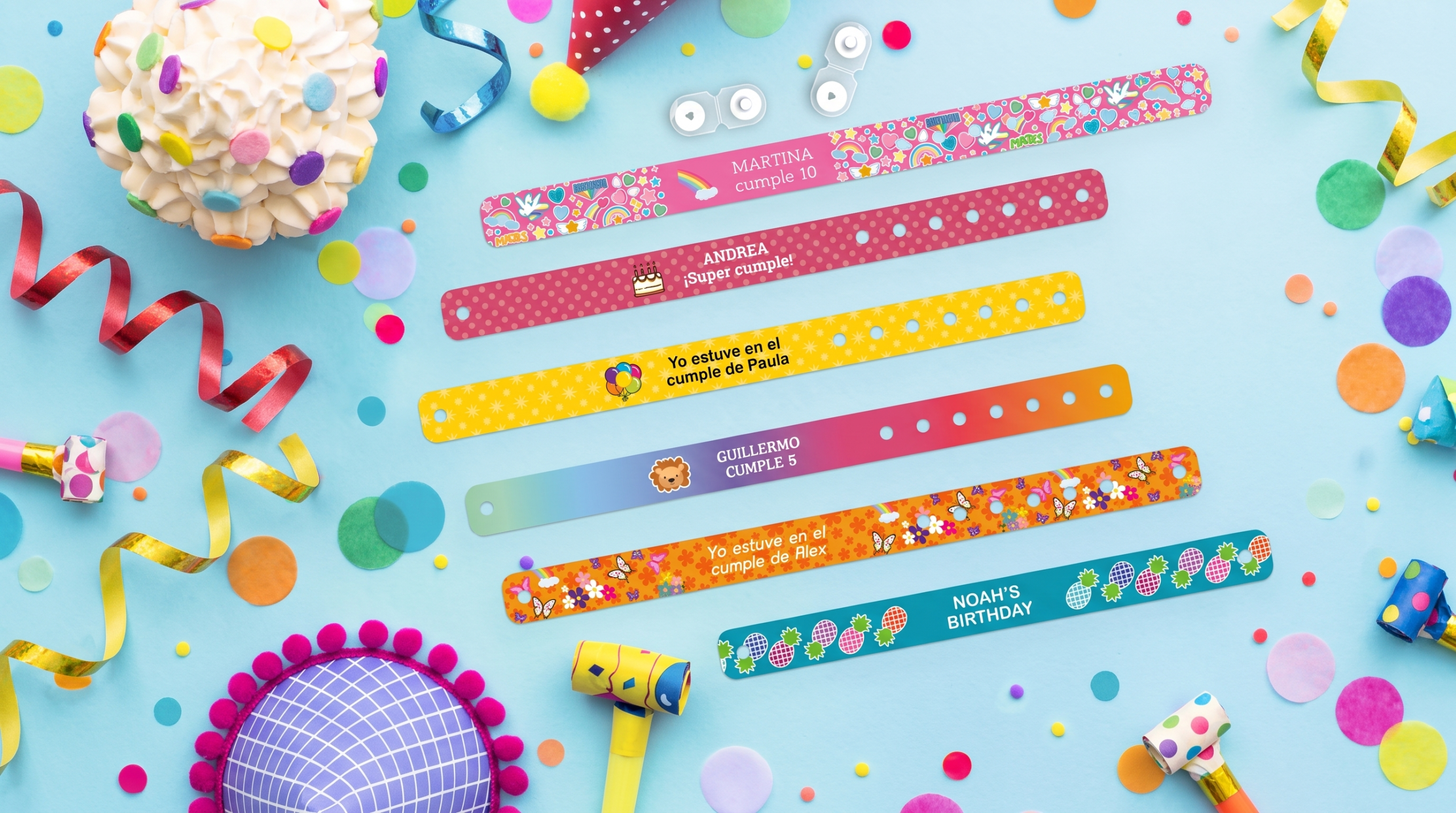 Pulseras de tela personalizadas Stikets para cumpleaños y celebraciones infantiles