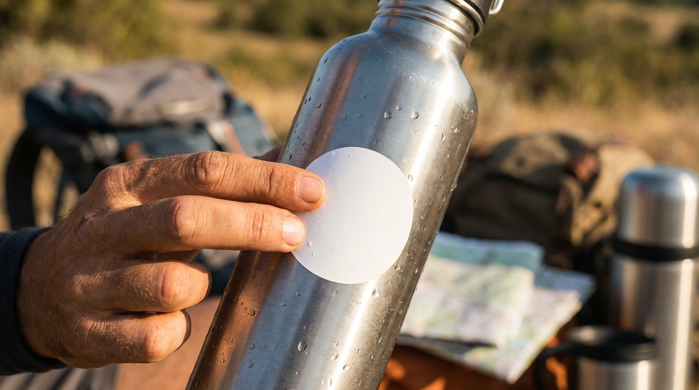 Mano presionando una pegatina redonda lisa ya aplicada sobre una botella de acero con gotas de agua, mostrando su resistencia al aire libre