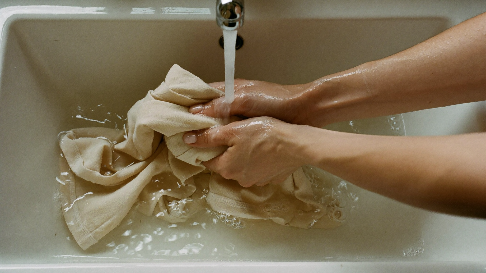 Lavando a mano una prenda con agua caliente y jabón para quitar pegamento
