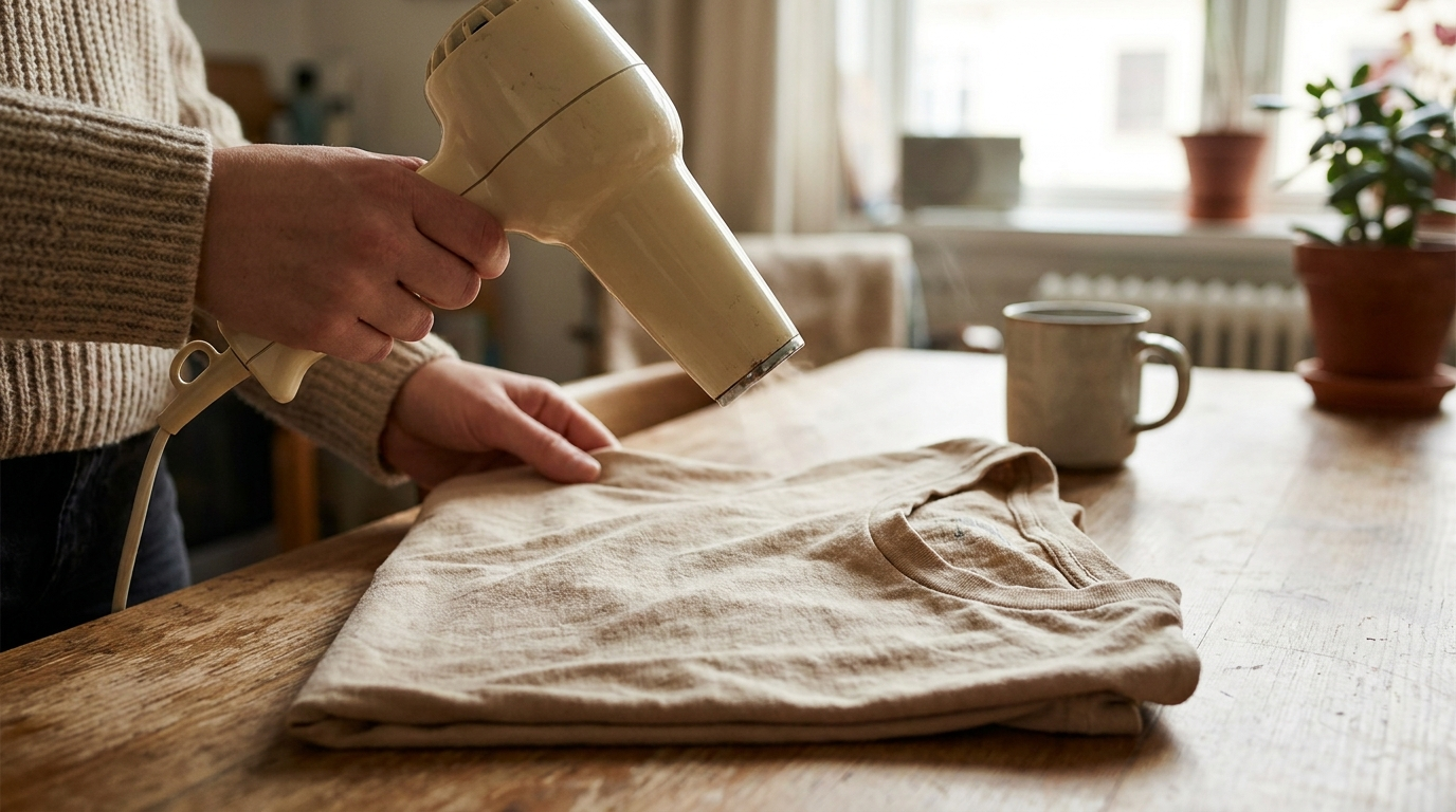 Manos sujetando un secador de pelo sobre una camiseta doblada, calentando la tela para ablandar el pegamento de una pegatina
