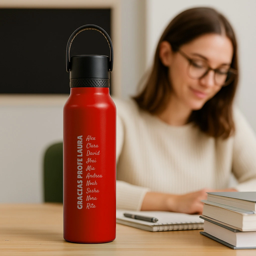Botella térmica Runbott roja personalizada con mensaje de agradecimiento para la profesora