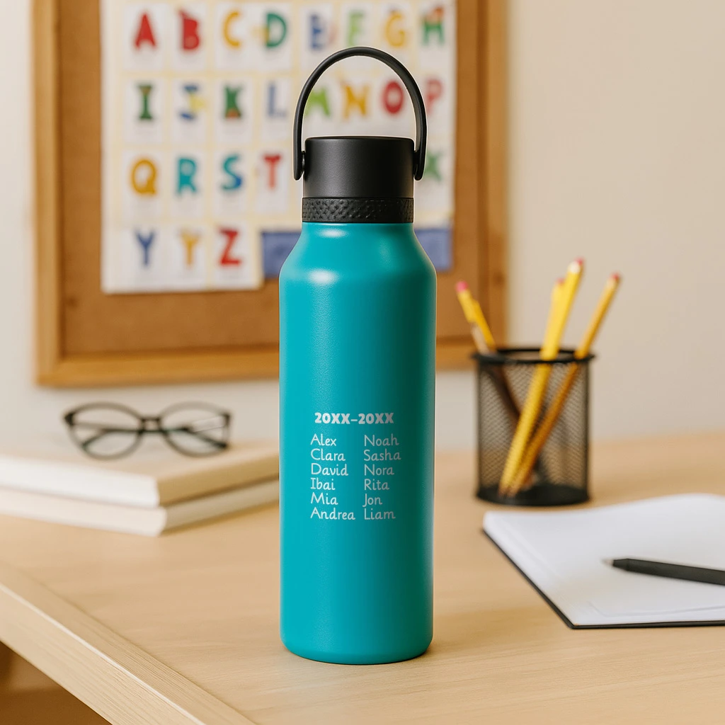 Botella térmica Runbott en color menta personalizada con el curso y los nombres de los alumnos