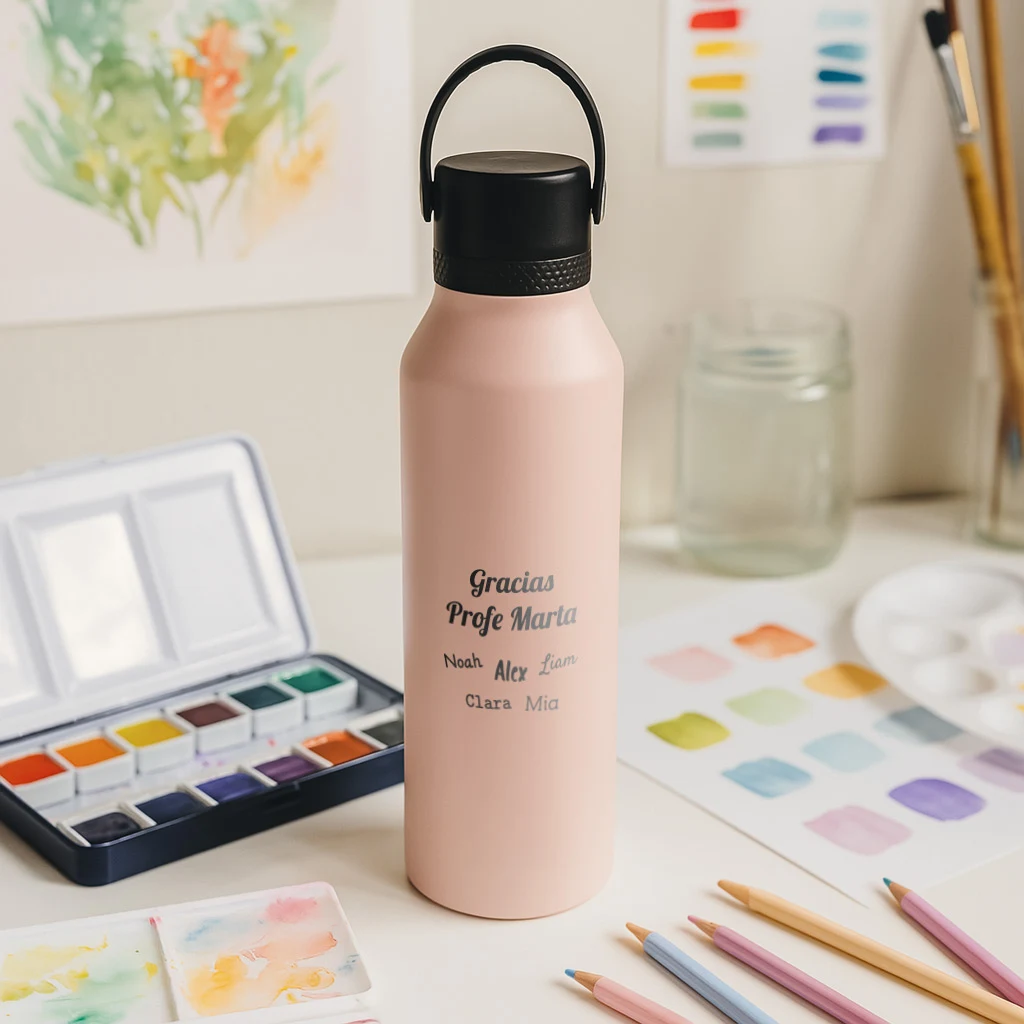 Botella térmica Runbott rosa personalizada con mensaje de agradecimiento a la profesora de arte