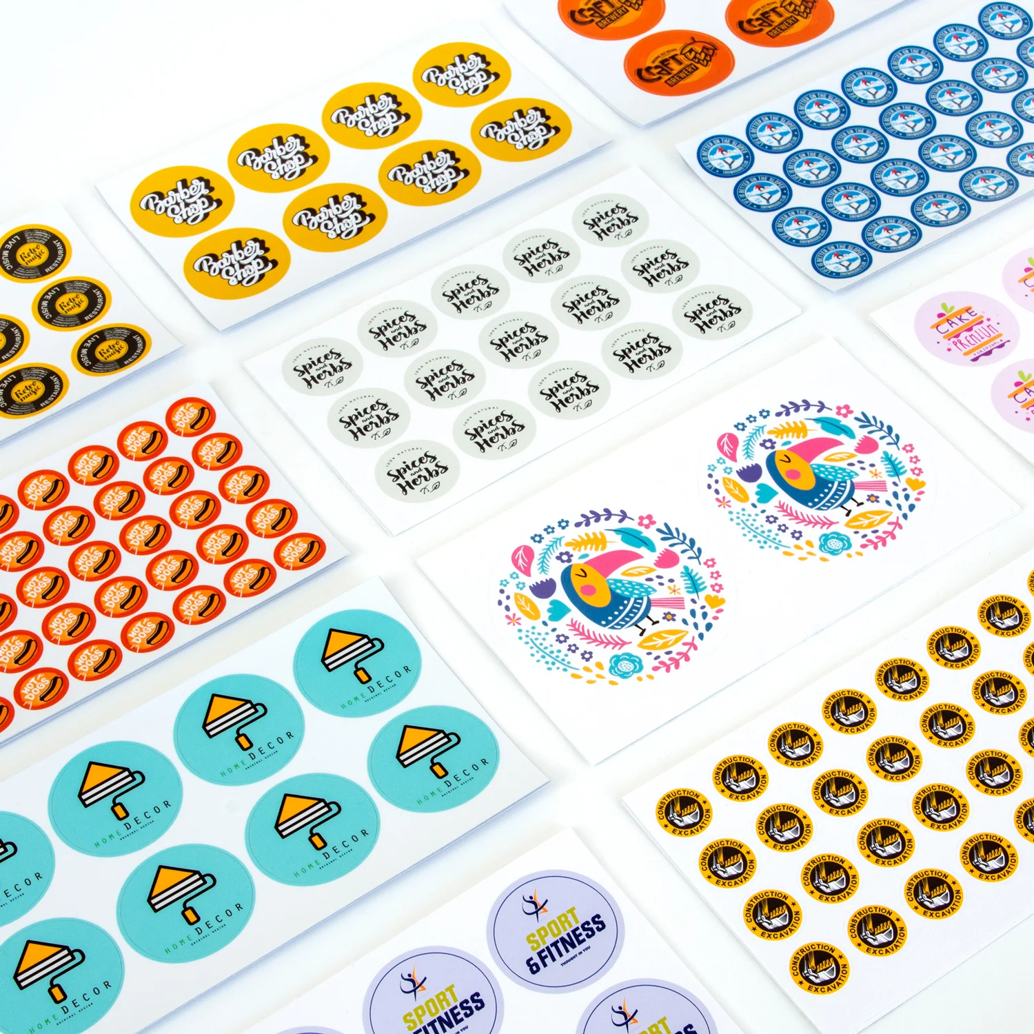 Láminas de pegatinas redondas de vinilo personalizadas con distintos diseños de colores