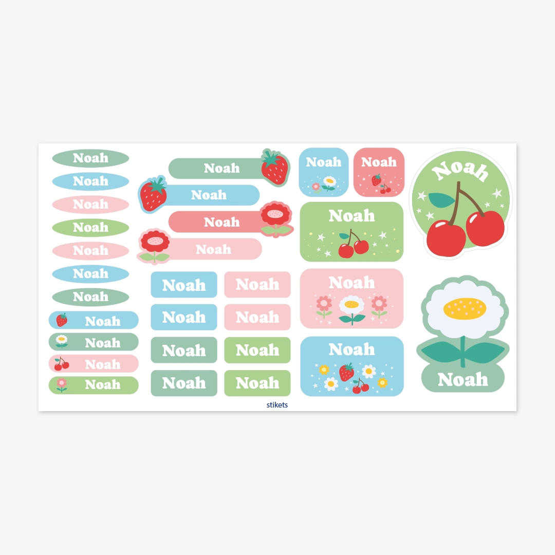 Set de pegatinas decorativas personalizadas con nombre, flores y frutas