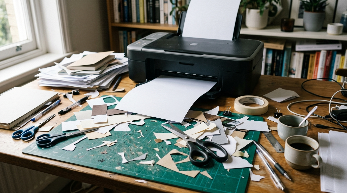 Mesa desordenada con una impresora doméstica, tijeras y recortes de papel para hacer pegatinas caseras