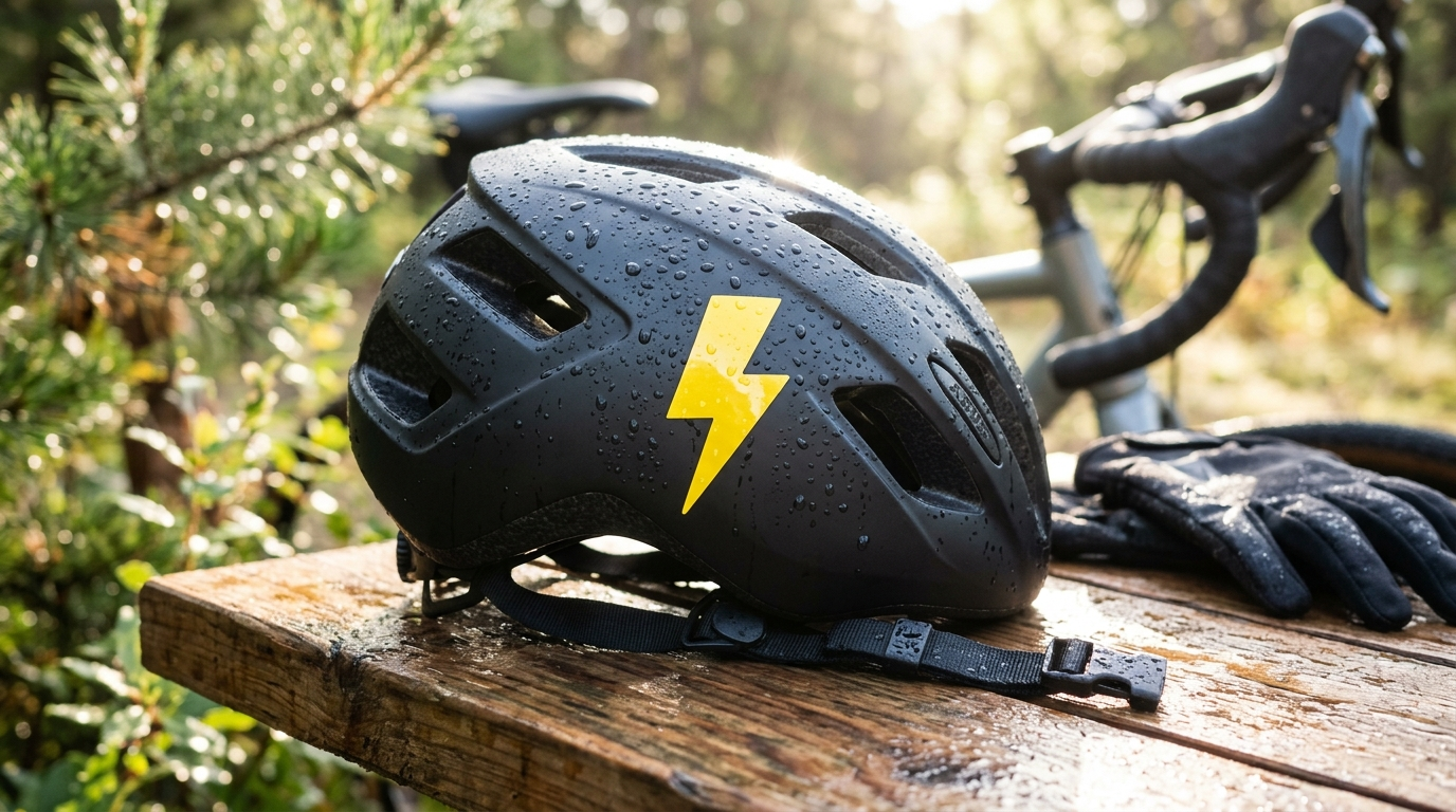 Casco de bicicleta con gotas de agua y una pegatina de vinilo brillante en forma de rayo, resistente a la intemperie