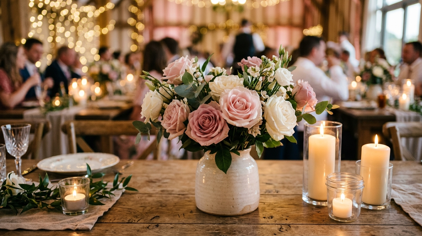 Centro de mesa con flores y velas en una boda