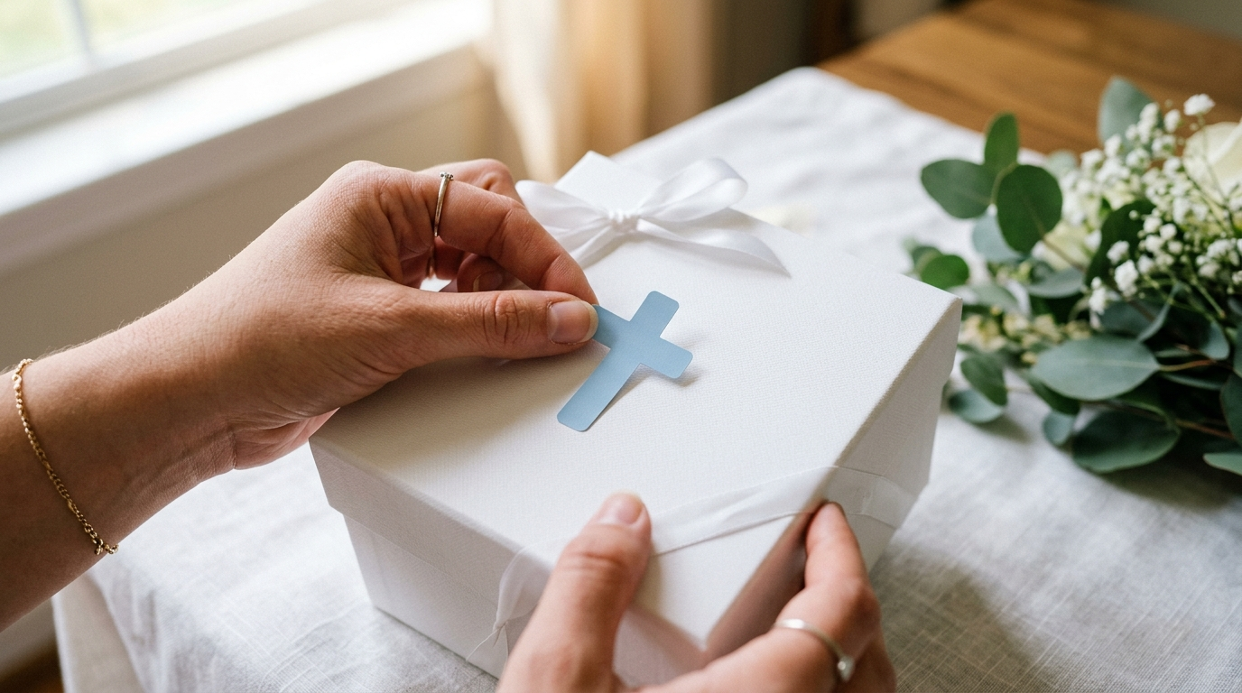 Manos colocando una etiqueta con forma de cruz sobre una caja de regalo de comunión