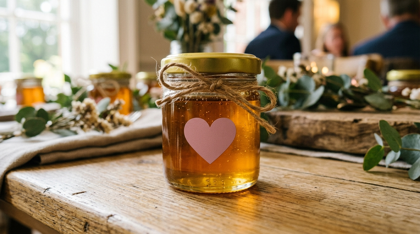 Etiqueta con forma de corazón sobre un tarro de miel como detalle de boda