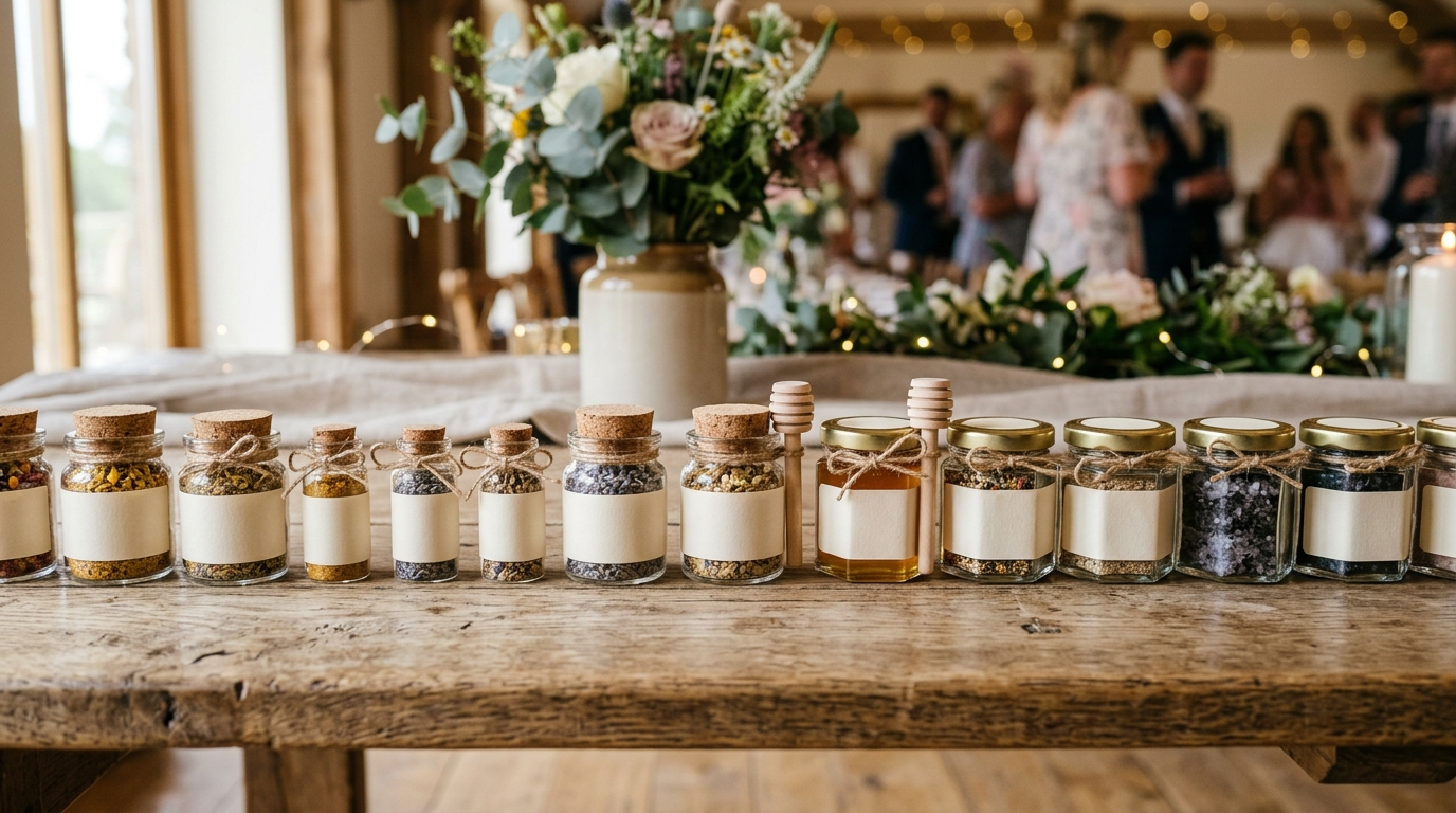 Tarros y botellas pequeñas como detalles de boda alineados sobre una mesa