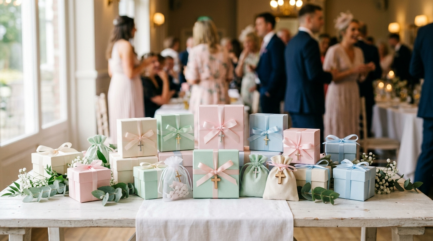 Mesa con cajas y bolsas decoradas para detalles de comunión