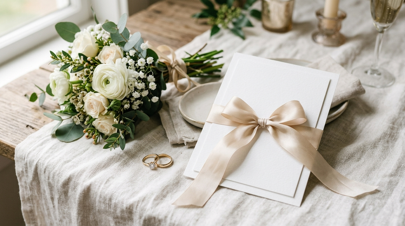 Invitación de boda en blanco junto a anillos y un ramo de flores