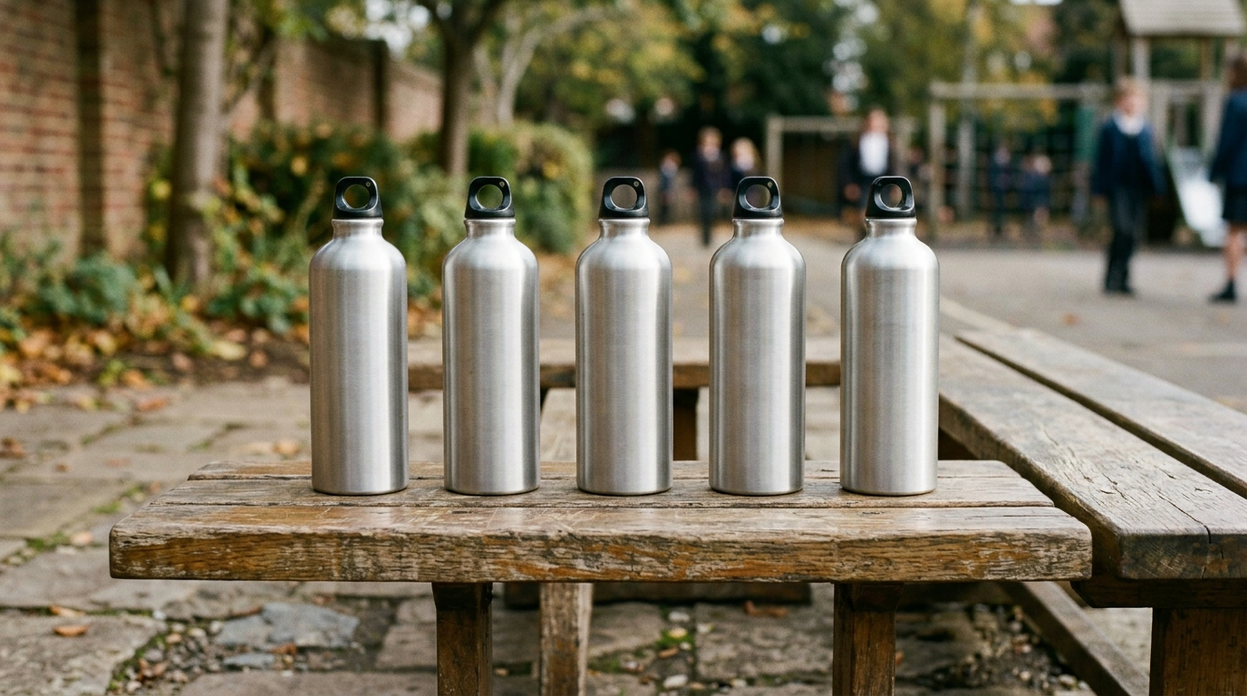 Varias botellas de agua reutilizables idénticas alineadas sobre un banco de colegio