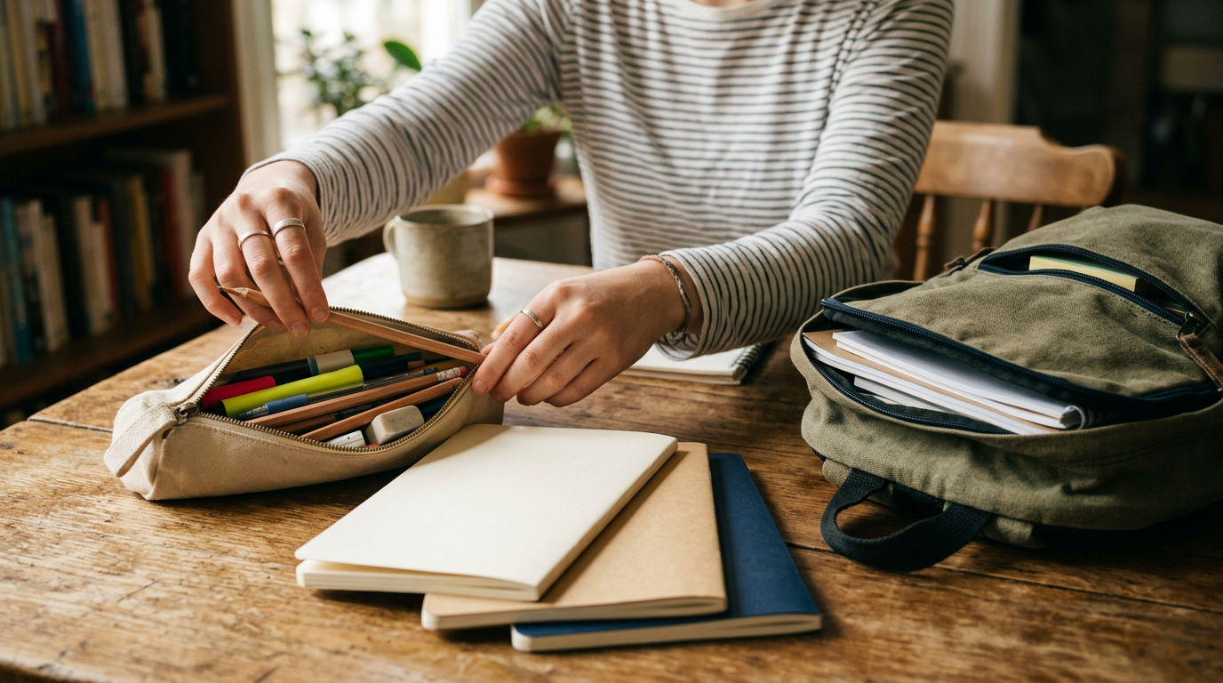Manos organizando un estuche con lápices, cuadernos y una mochila escolar sobre una mesa de madera