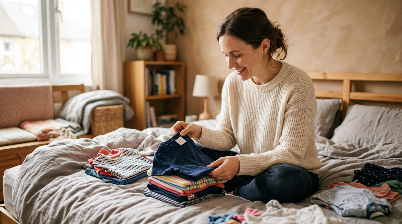 Madre doblando ropa de niño sobre la cama, revisando el cuello de una camiseta antes de guardarla