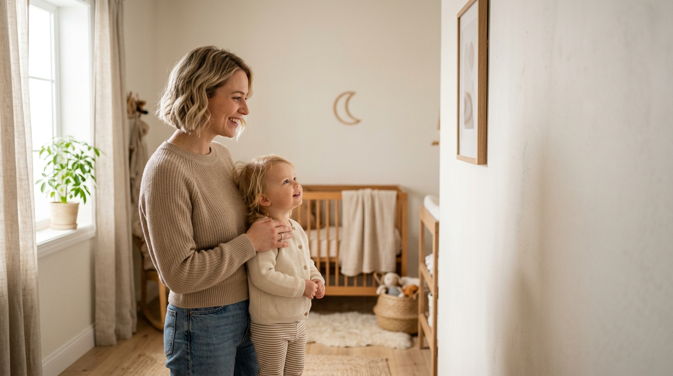 Madre y bebé mirando la pared decorada de su habitación infantil