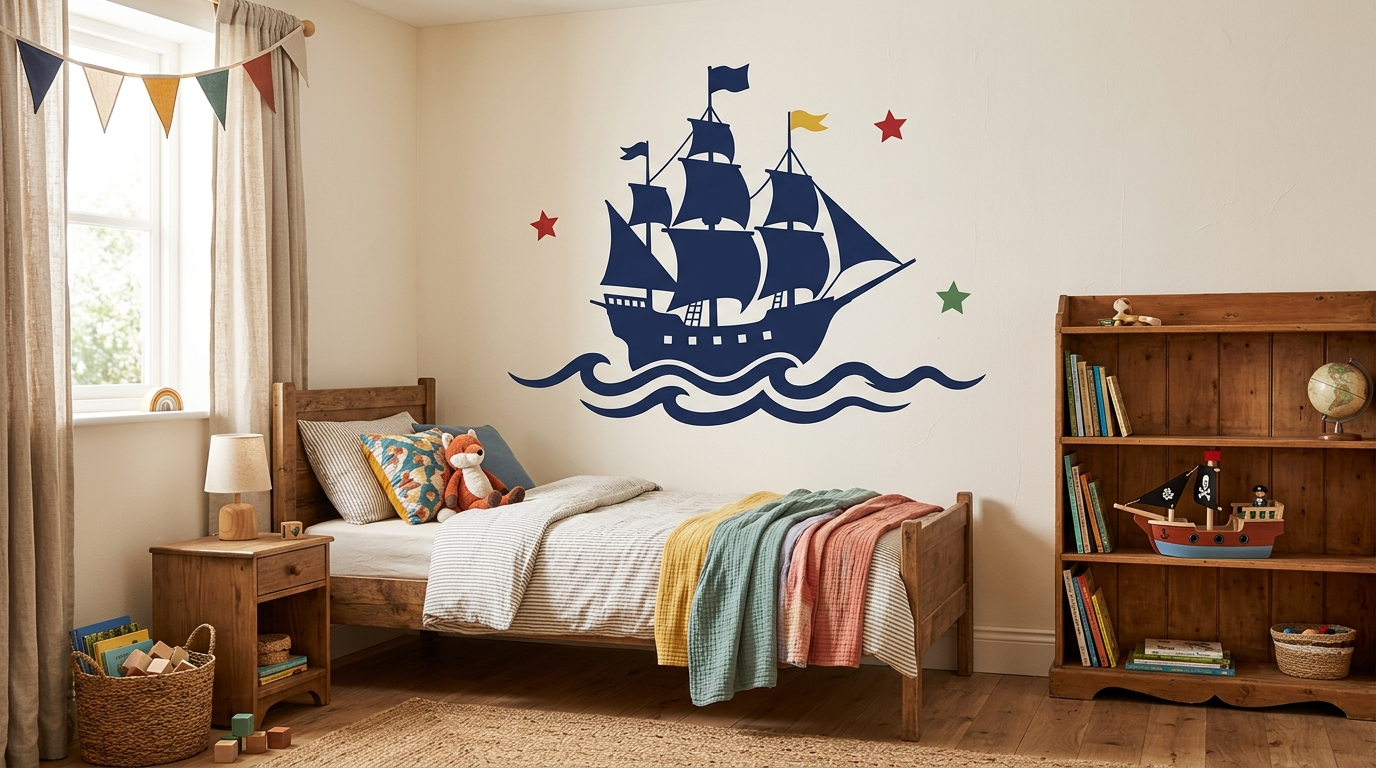 Vinilo infantil de barco pirata decorando la pared de una habitación