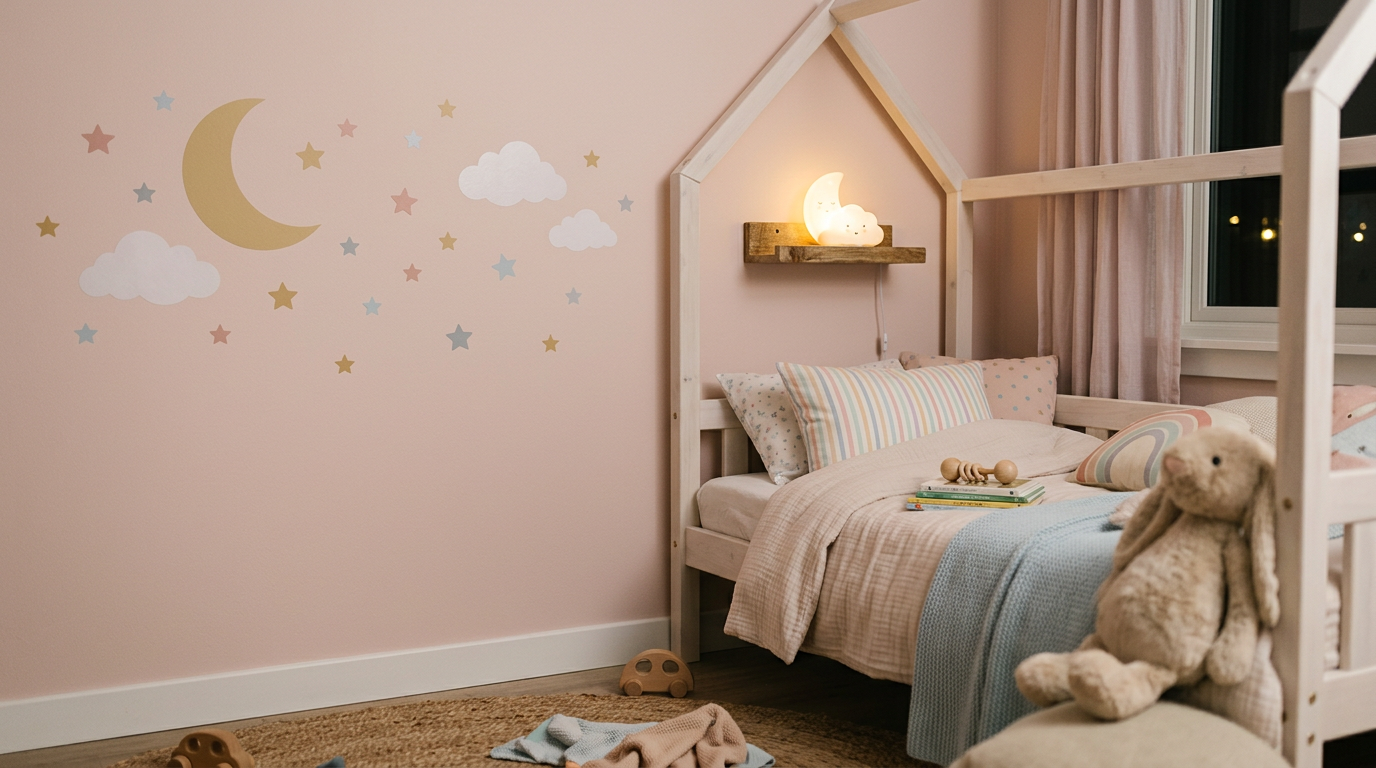 Vinilo infantil de luna y estrellas en la pared de una habitación