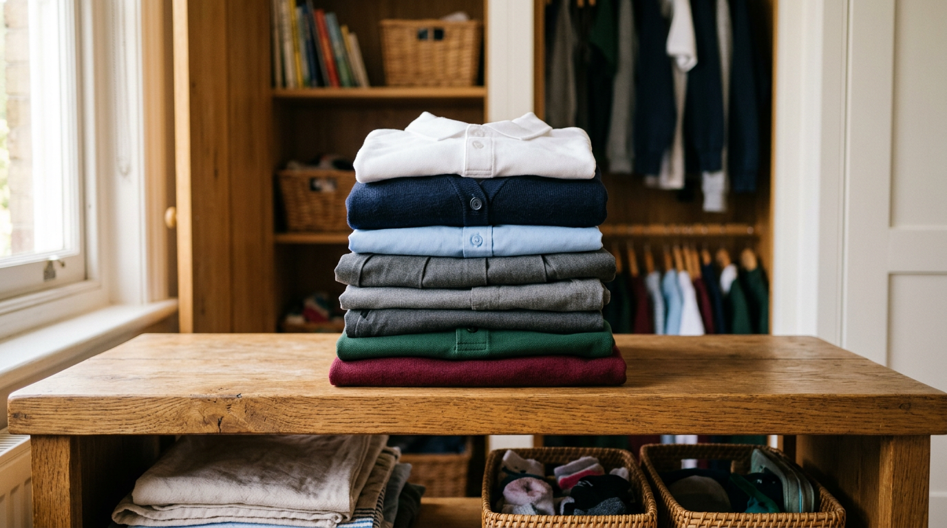 Ropa de niño doblada y organizada, lista para el colegio