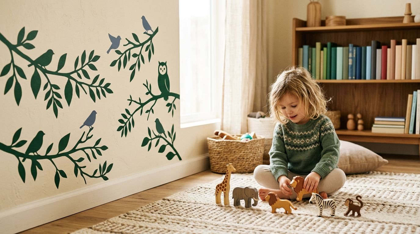 Niña jugando junto a un vinilo infantil de animales de la jungla en la pared