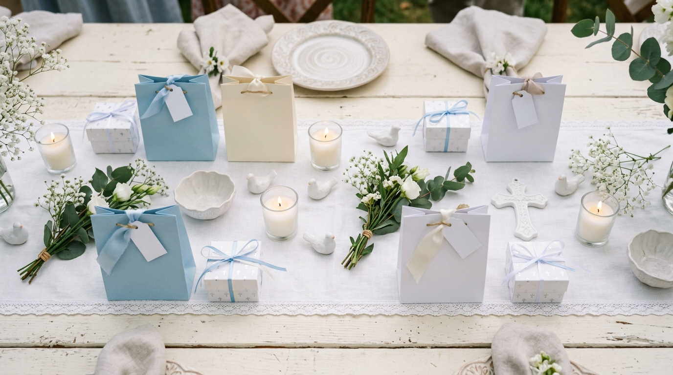 Mesa de detalles de bautizo con bolsitas y cajitas azules decoradas junto a velas