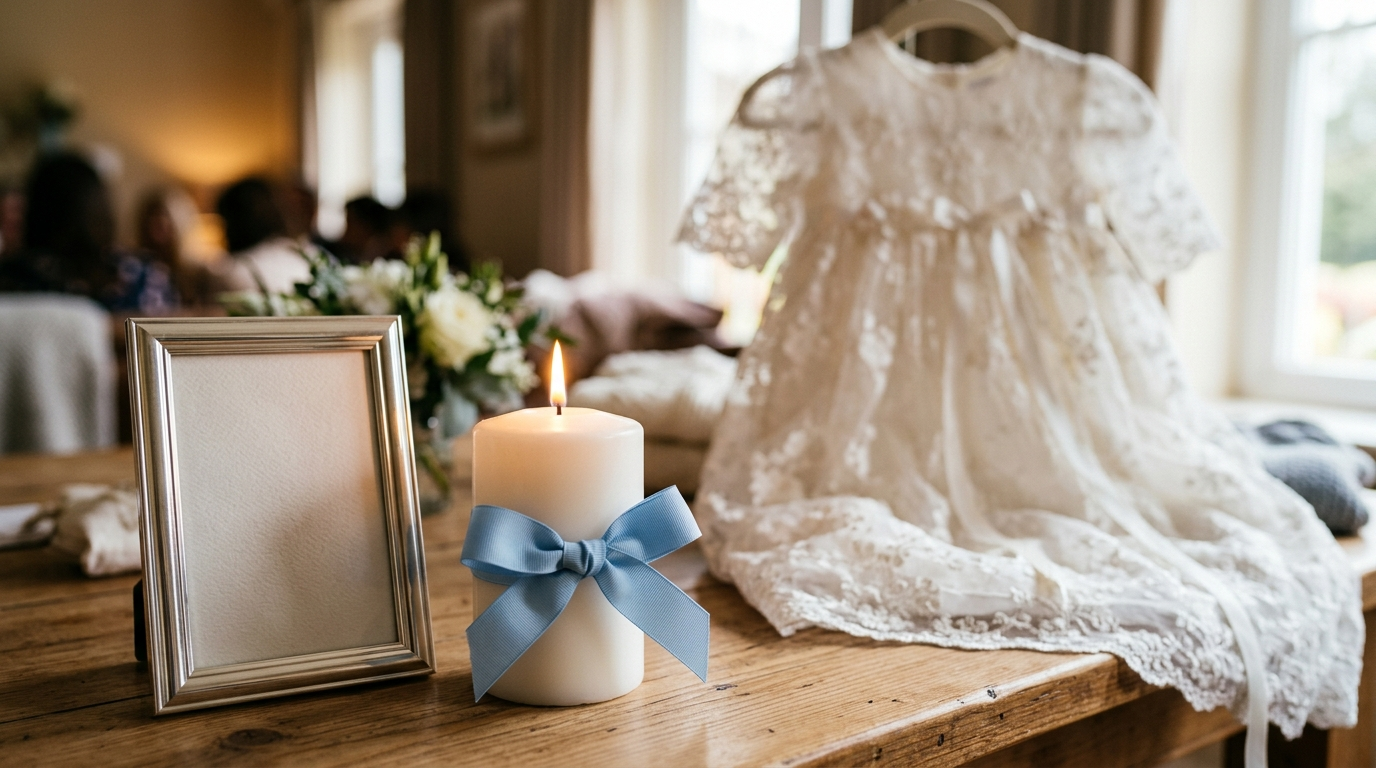 Vestido de bautizo y marco de fotos junto a una vela sobre una mesa de madera