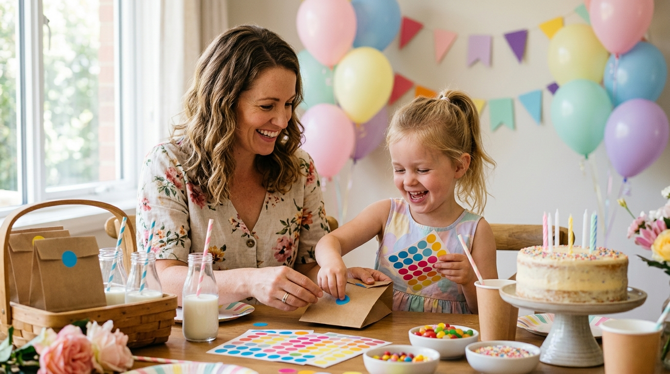 Madre e hija pegando pegatinas de colores en bolsas de papel para un cumpleaños infantil
