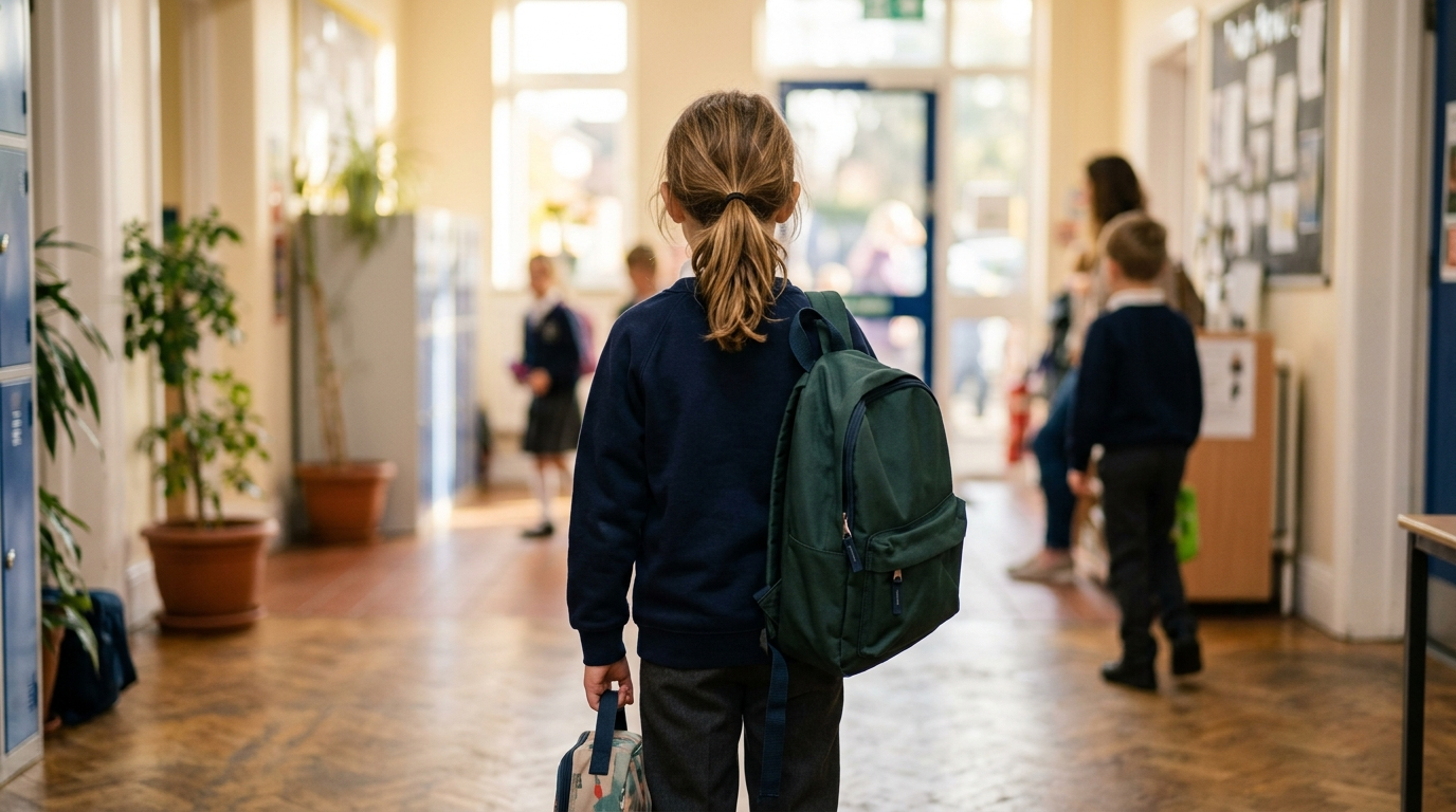 Niña de espaldas con mochila y ropa marcada caminando por el pasillo del colegio