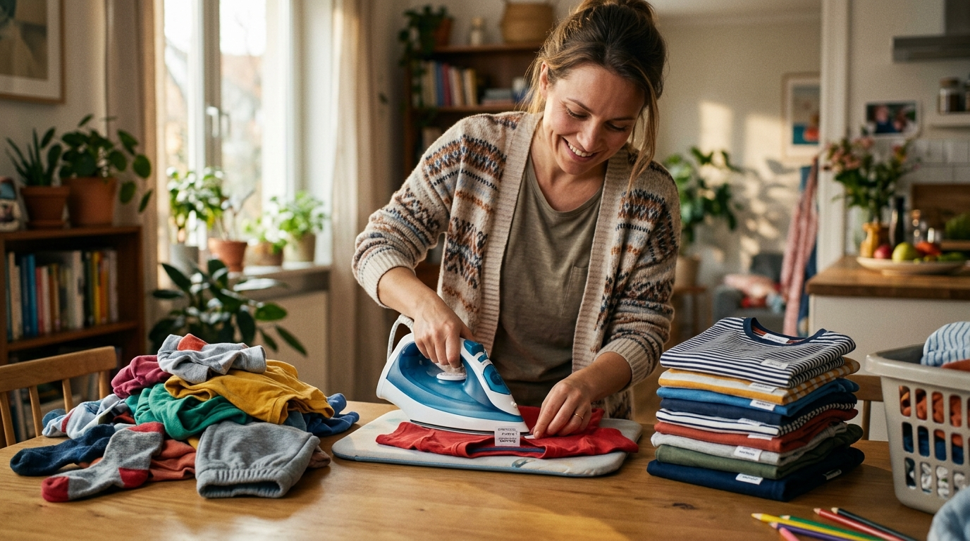 Madre planchando varias etiquetas con nombre en ropa infantil sobre una mesa