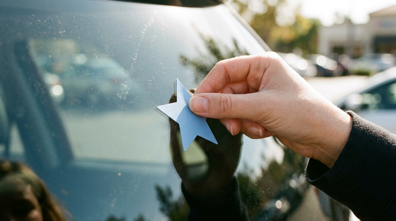 Mano colocando una pegatina troquelada en forma de estrella en el cristal del coche