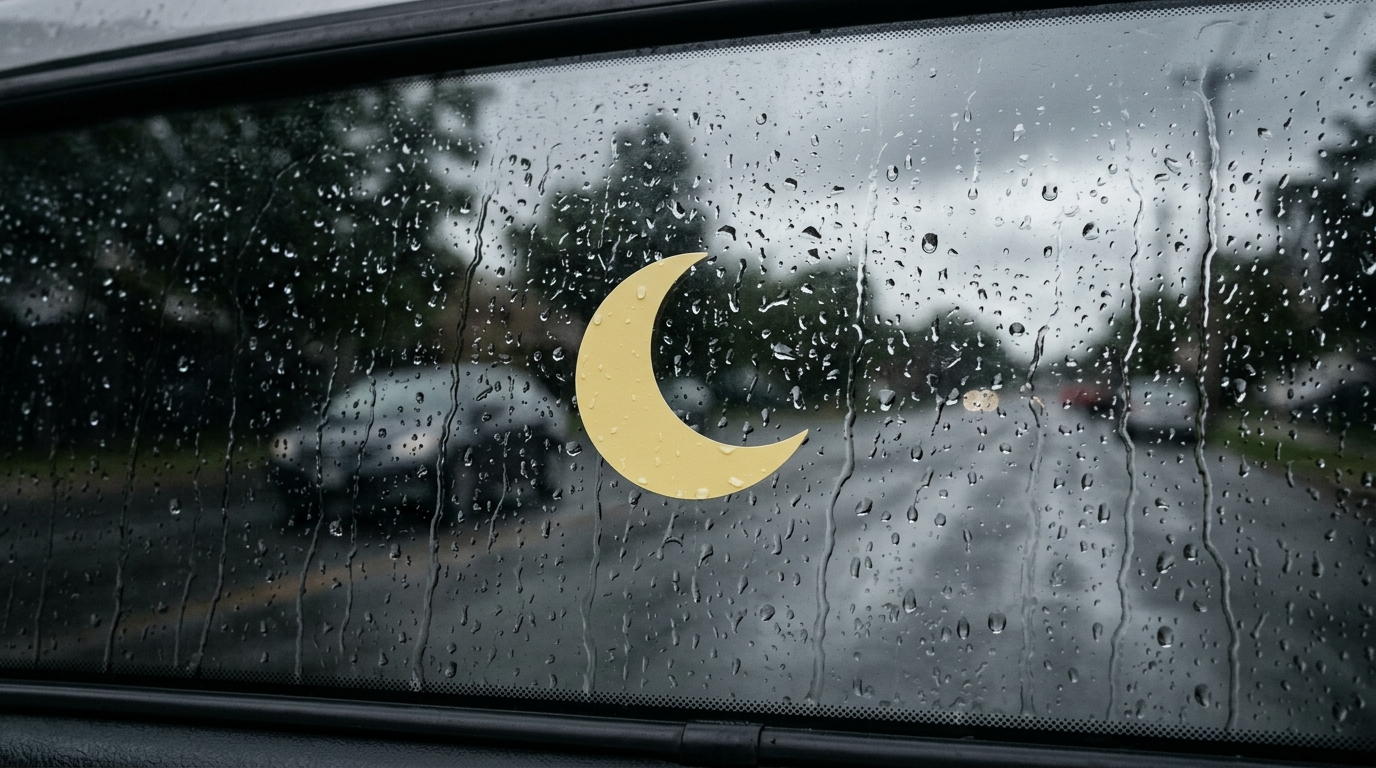 Pegatina en forma de luna pegada a la ventanilla del coche bajo la lluvia