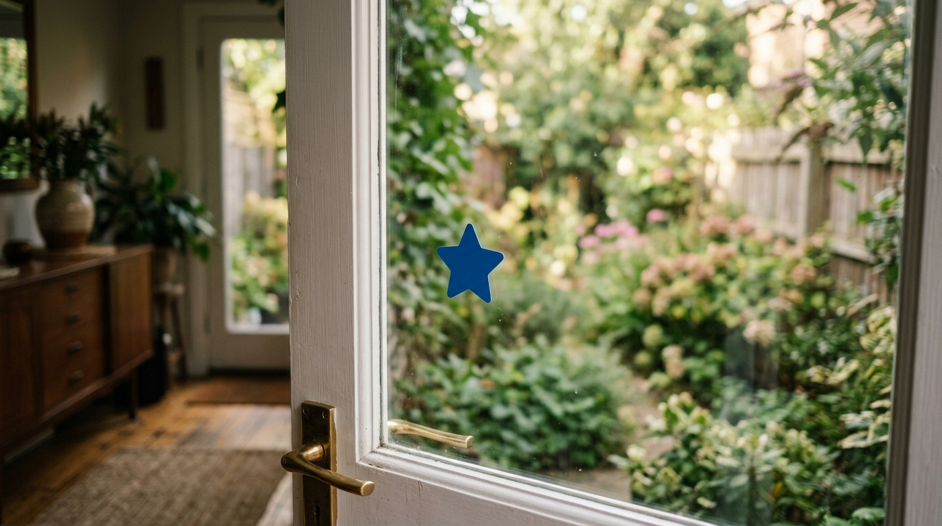 Cristal de una puerta con una pegatina troquelada en forma de estrella pegada por la cara interior
