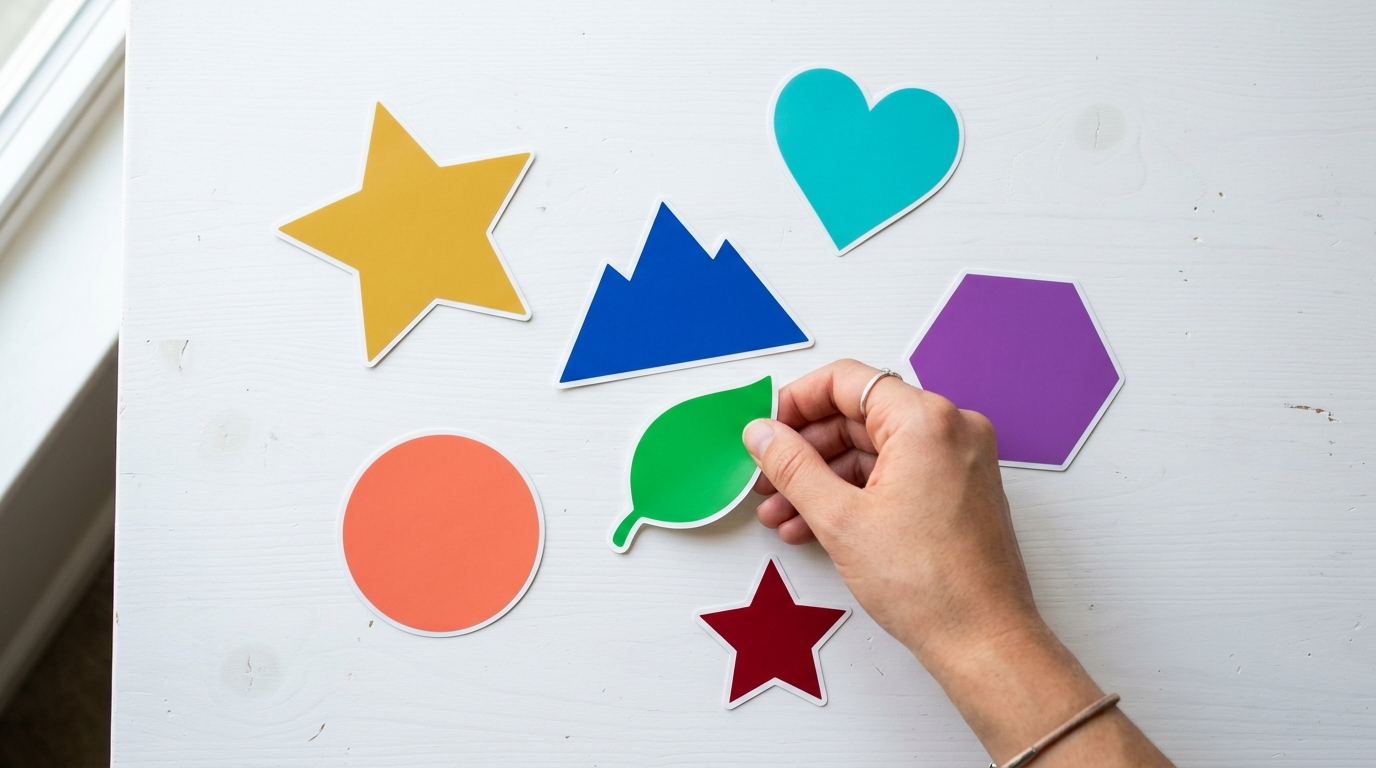 Varios stickers troquelados en distintas formas y colores sobre una mesa