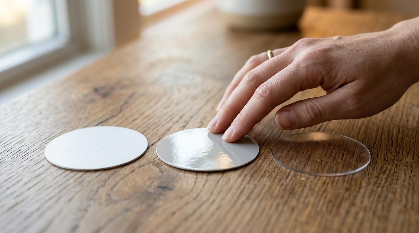 Tres muestras de material para stickers: vinilo mate, brillante y transparente
