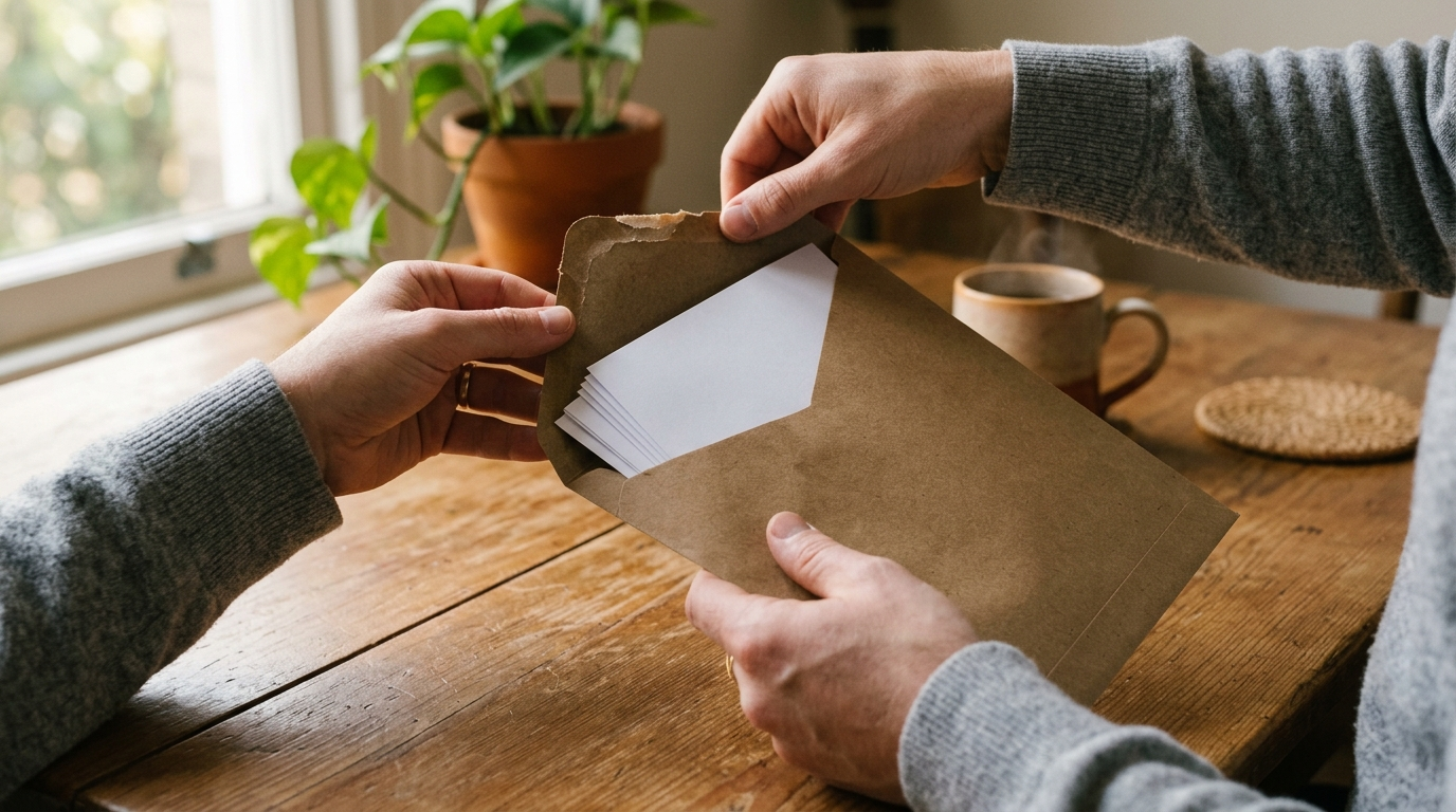 Manos abriendo un sobre con hojas de stickers personalizados recién llegadas a casa