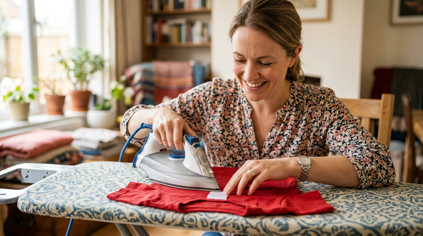 Madre sonriendo mientras plancha una etiqueta en blanco en el cuello interior de una camiseta roja