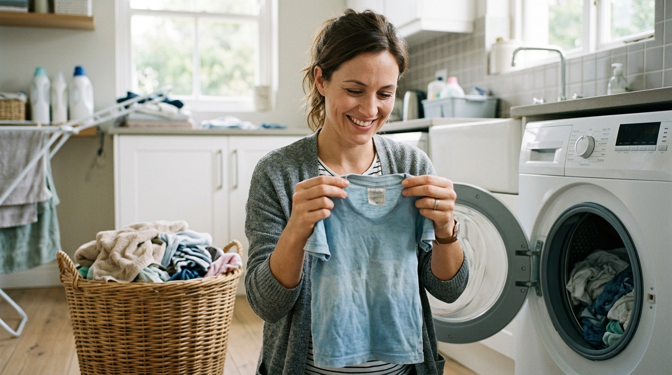 Madre sonriendo mientras revisa una etiqueta desvaída en una camiseta junto a la lavadora abierta