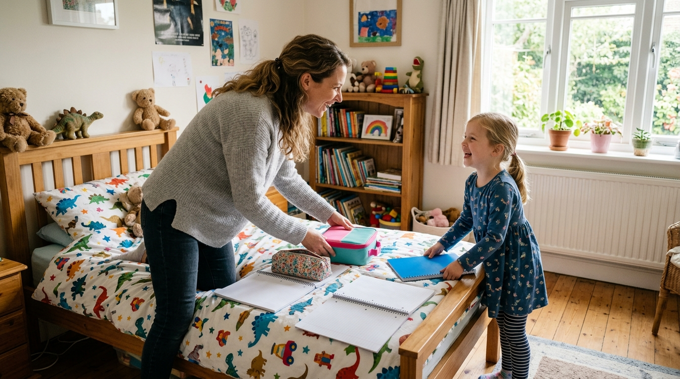Madre e hija riendo mientras organizan cuadernos y un estuche sobre la cama en la habitación infantil