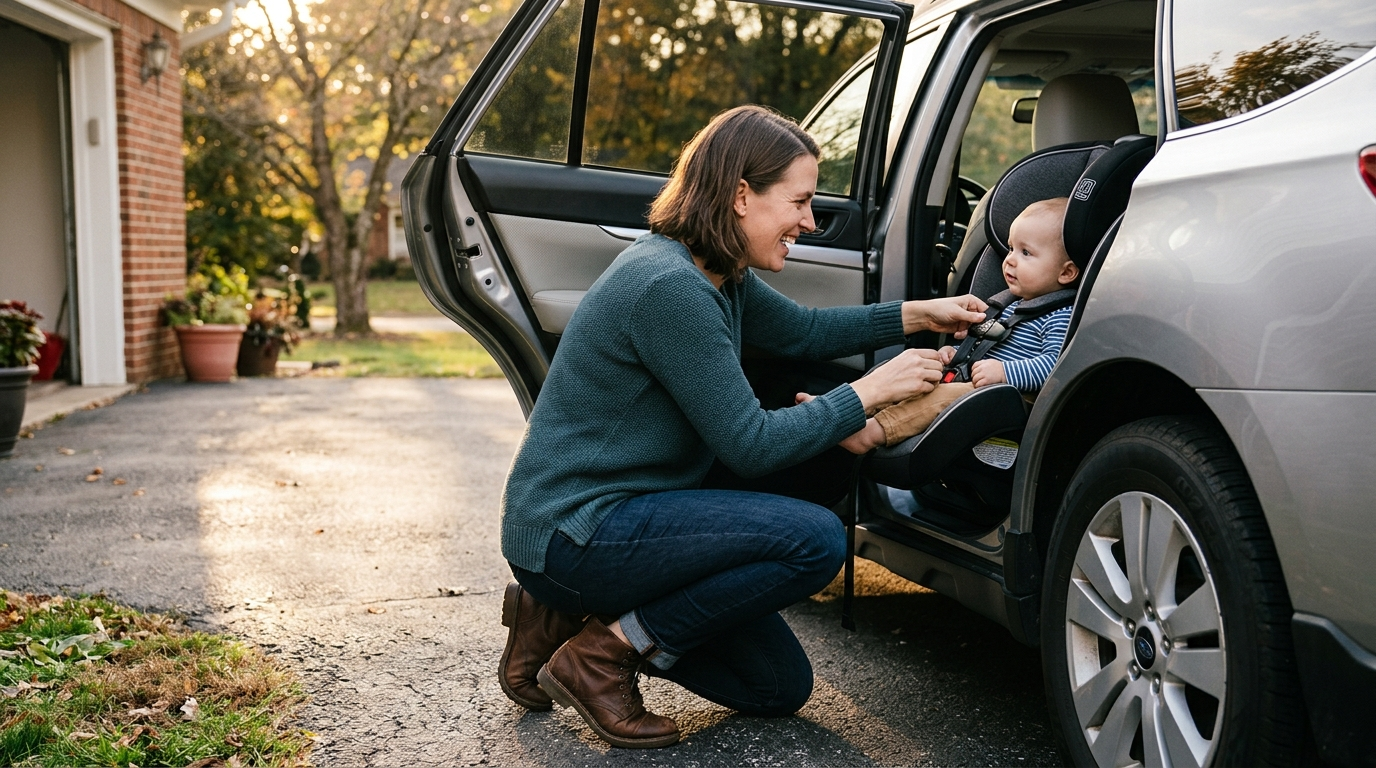 Madre sonriendo mientras abrocha a su bebé en la sillita del coche, arrodillada junto a la puerta abierta