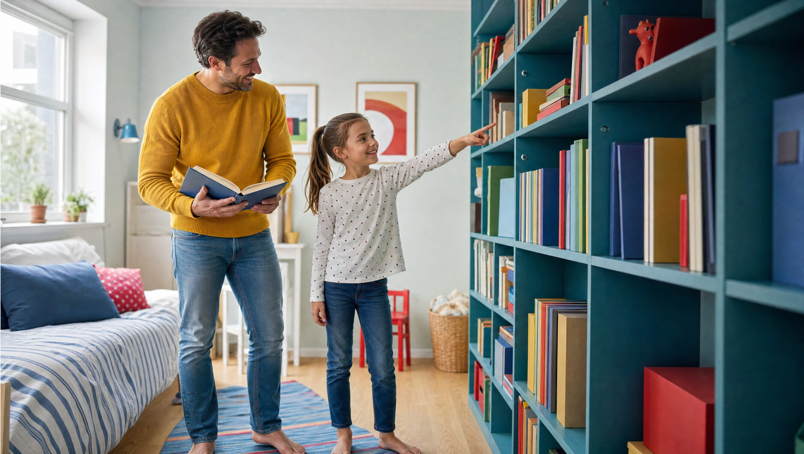 Padre e hija organizando juntos los libros de su biblioteca personal