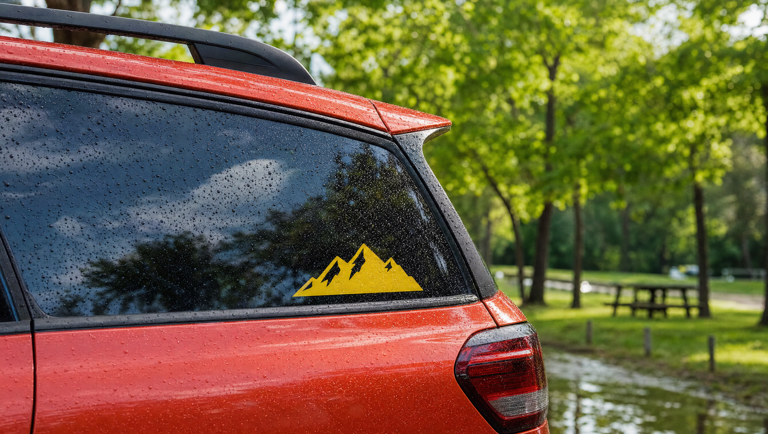 Pegatina amarilla con forma de montaña adherida al cristal mojado de un coche rojo