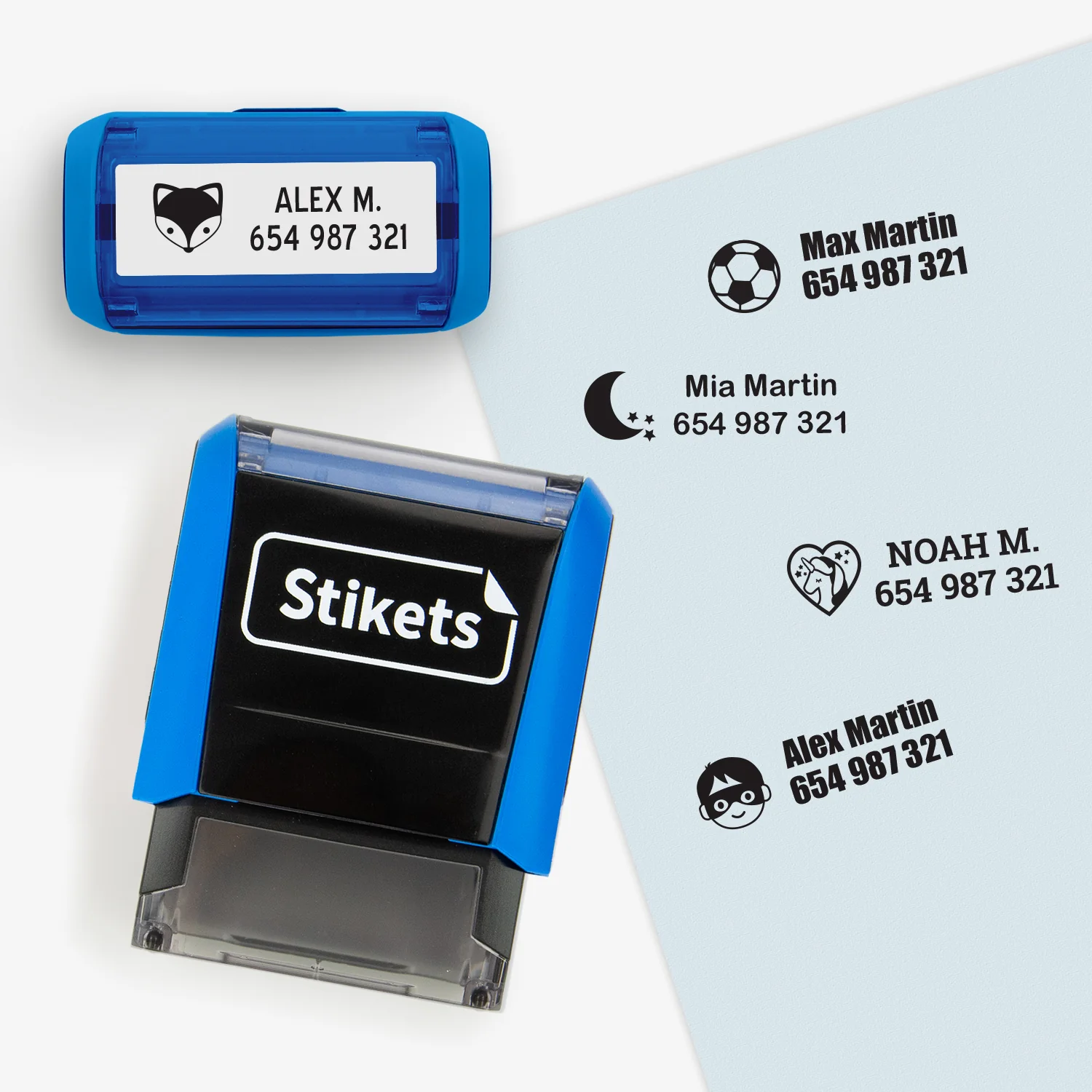 Sello personalizado Stikets y ejemplos de impresión con nombre, icono y teléfono