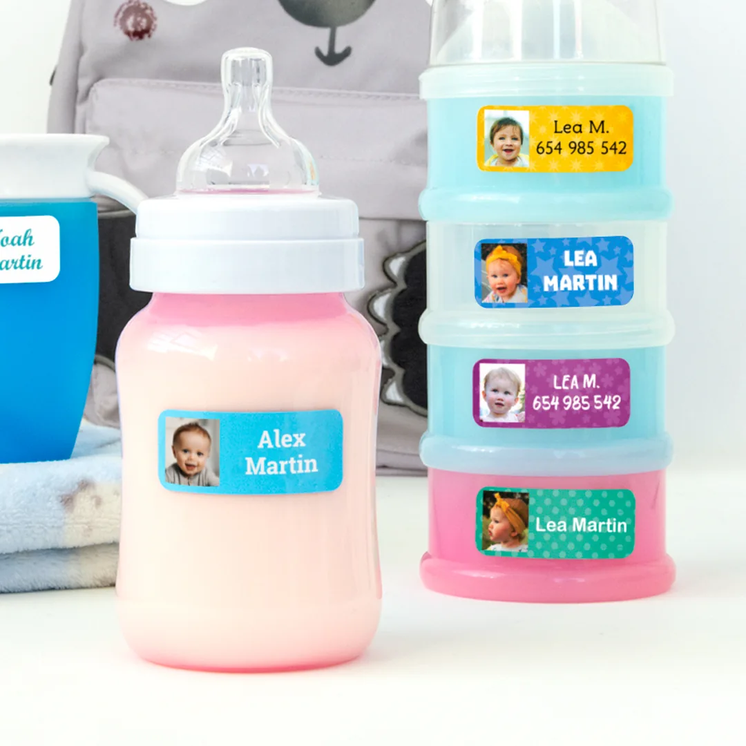 Etiquetas personalizadas con foto y nombre en un biberón