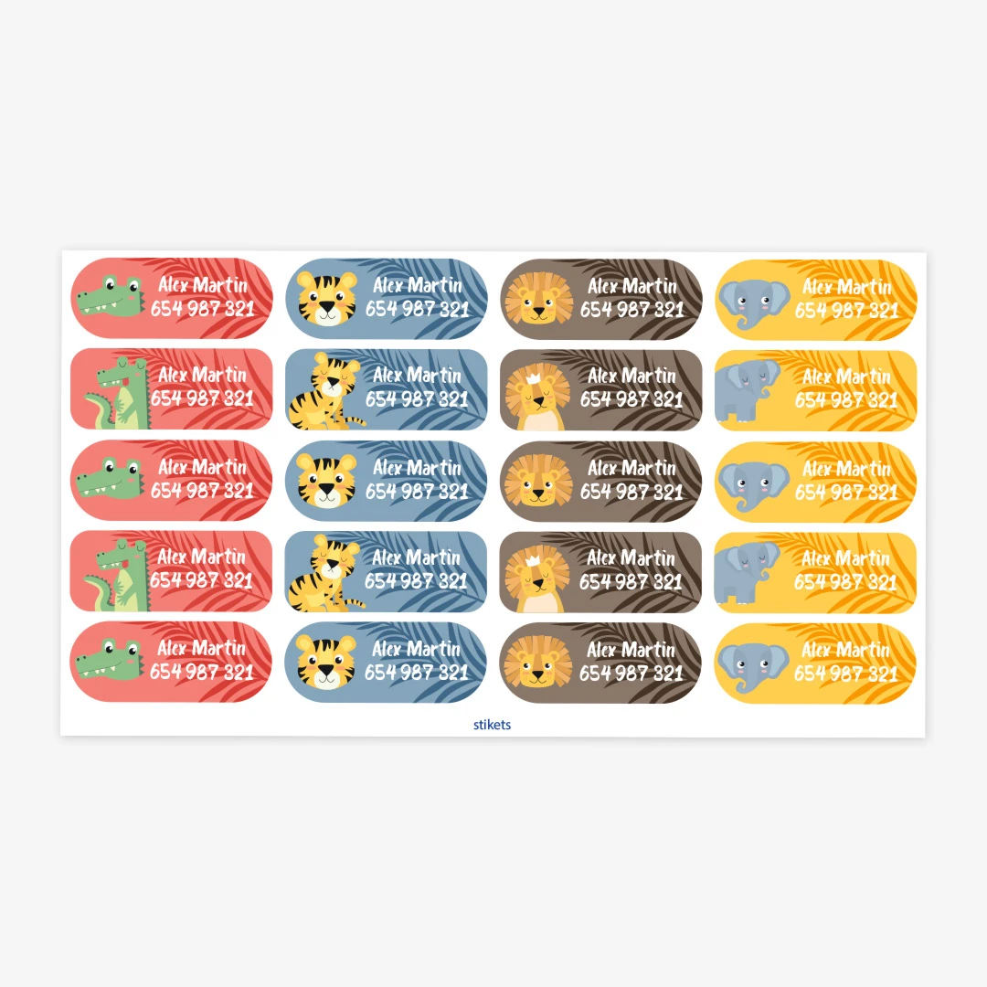 Etiquetas adhesivas temáticas con nombre e iconos de animales