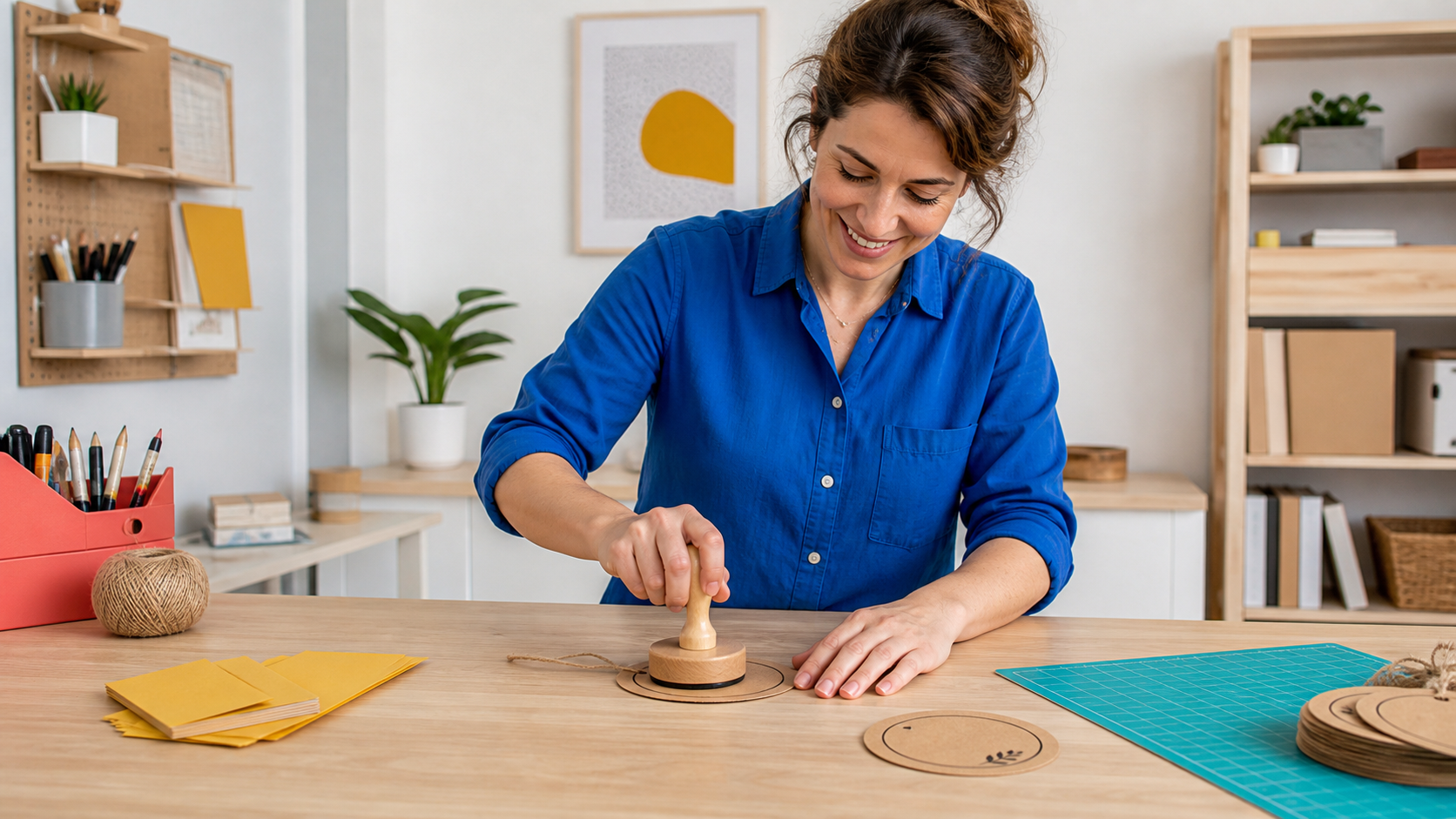 Persona utilizando un sello manual de madera con base circular sobre una etiqueta kraft